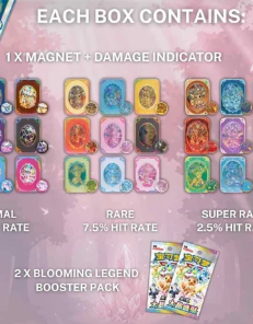 Contents breakdown showing normal, rare and super rare hit rates, magnet damage indicator and 2 Blooming Legends booster packs